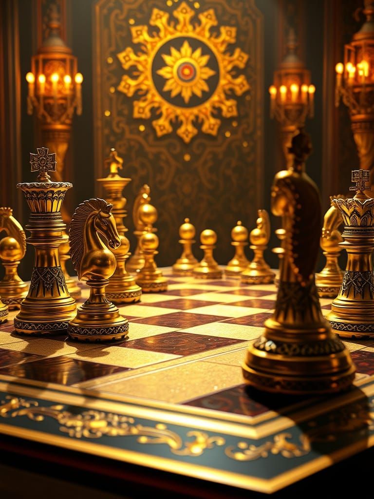 Luxurious Golden Chess Set in Art Nouveau Style