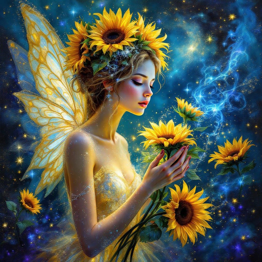 Cosmic Sunflower Fairy Oil Painting with Glitter