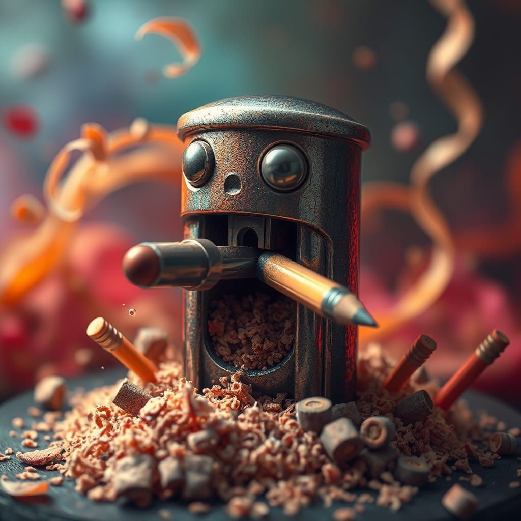 Whimsical Pencil Sharpener Devouring Pencil, Matte Painting