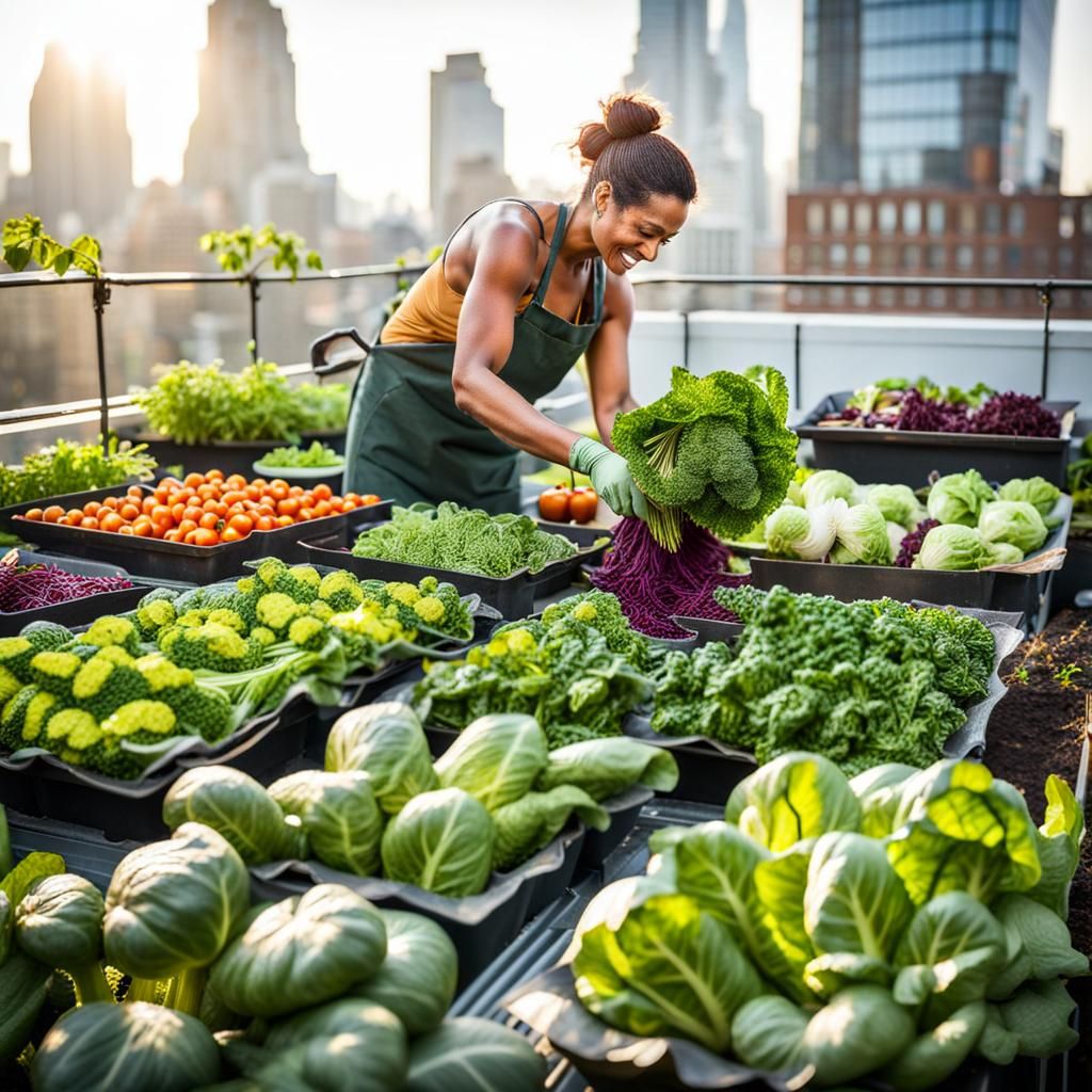 Urban Rooftop Garden: Woman Harvesting Vegetables