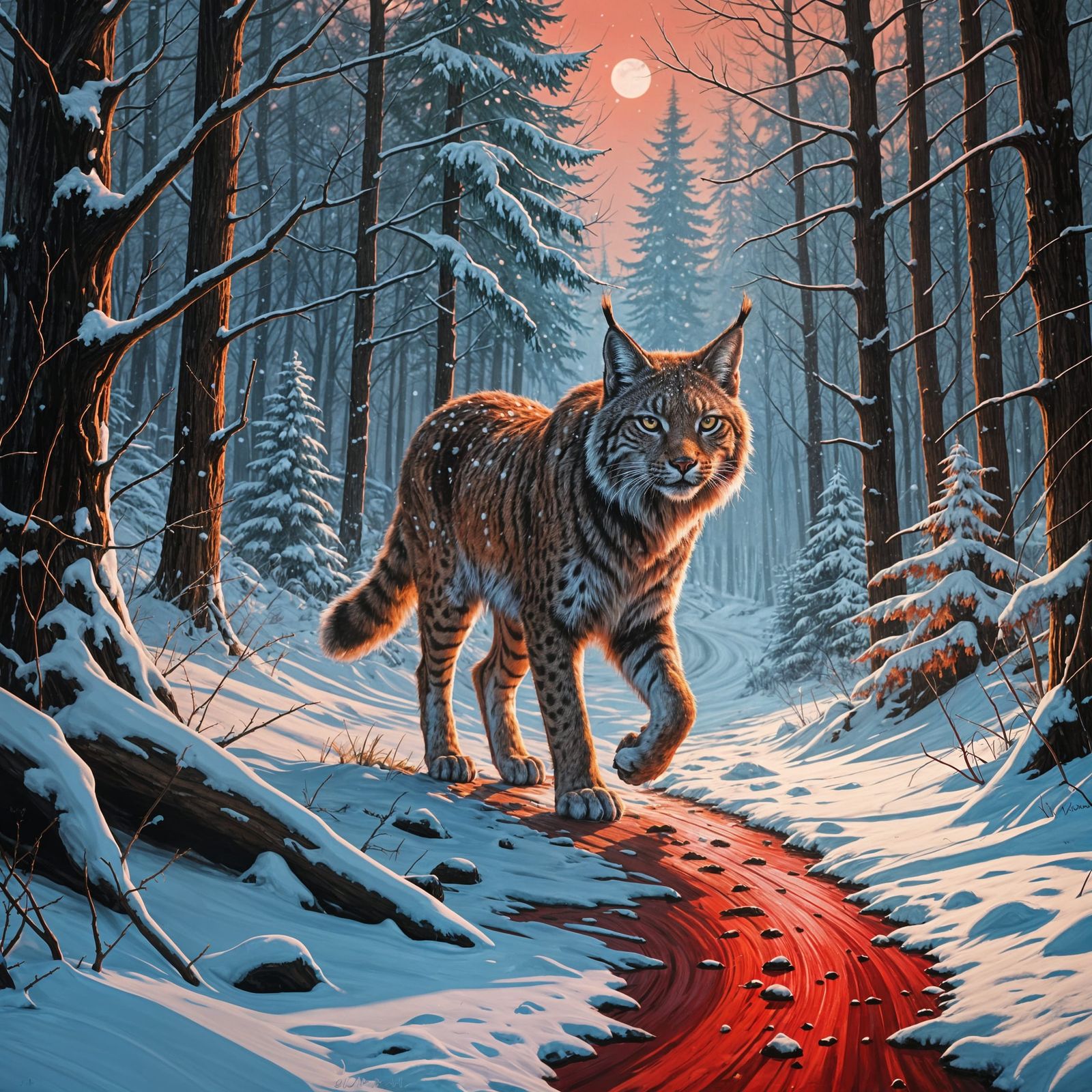 Lynx in Red Snow Forest: Graffiti Art