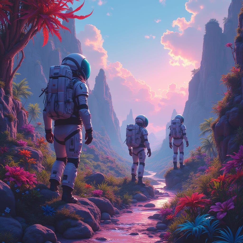 Astronauts Explore Vibrant Alien Planet in Digital Art