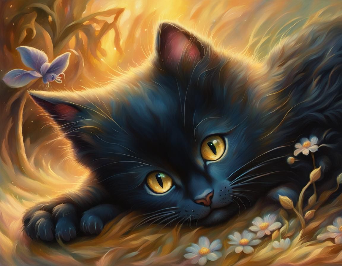 Kitten Petting Mouse in Golden Light, Ethereal Painting