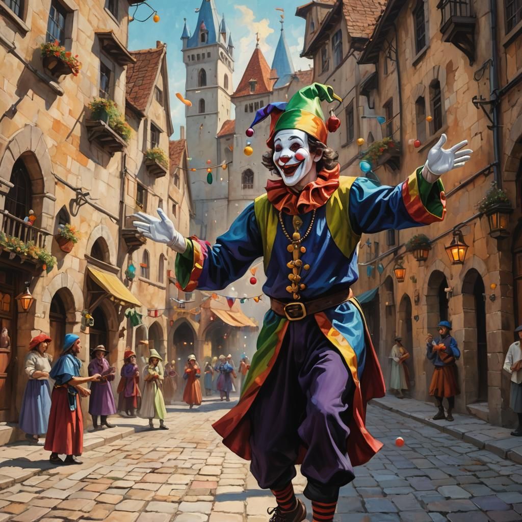 Joyful Jester Juggling in Medieval City, Oil Painting