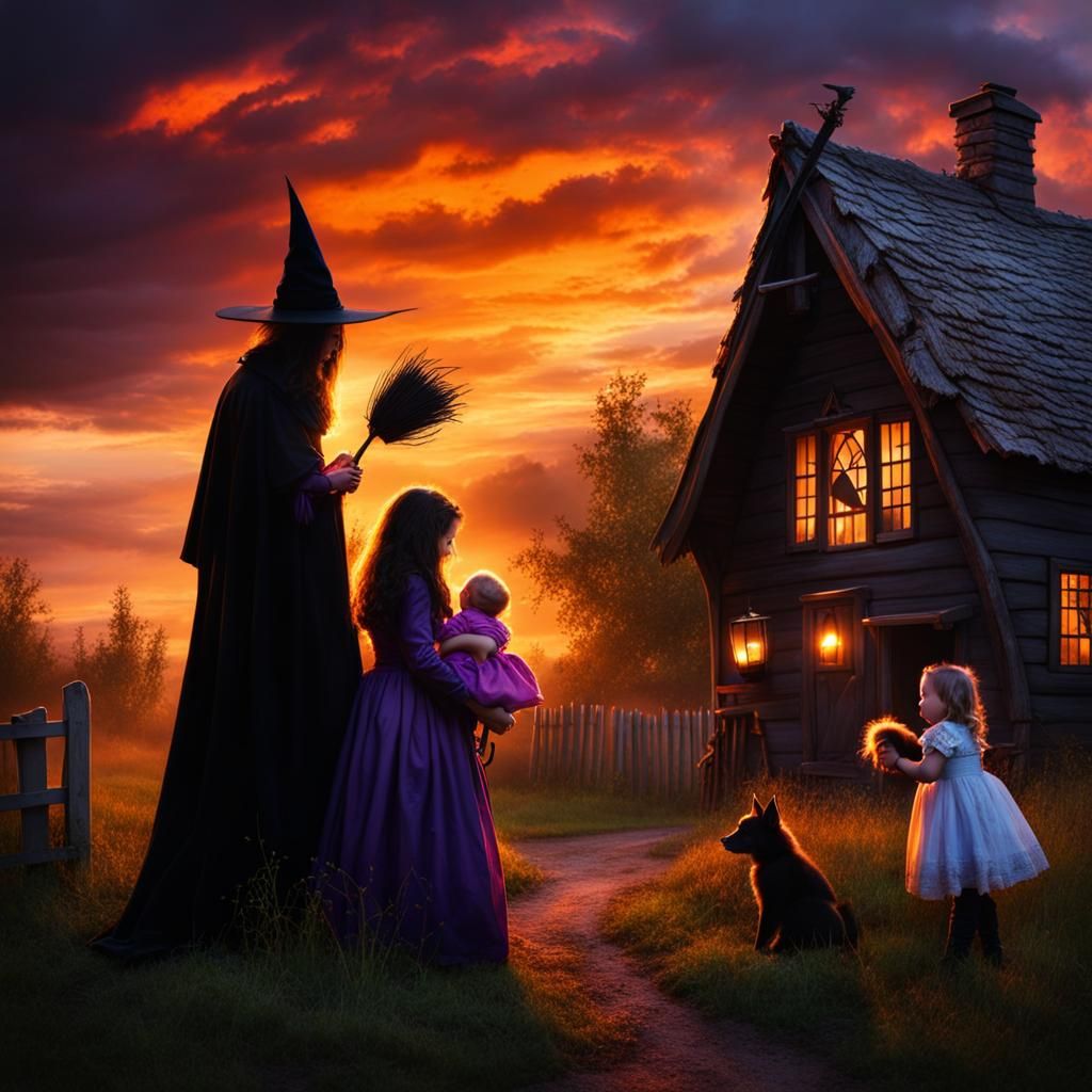 Haunted Village Sunset with Witches in Maximalist Style