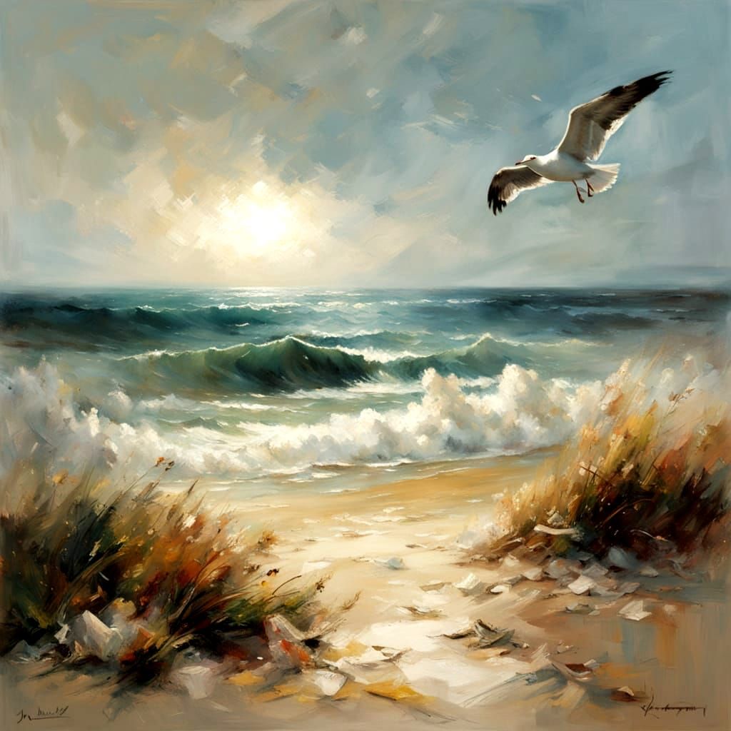 Seagull Amidst Serene Beachscape in Expressive Oil Painting