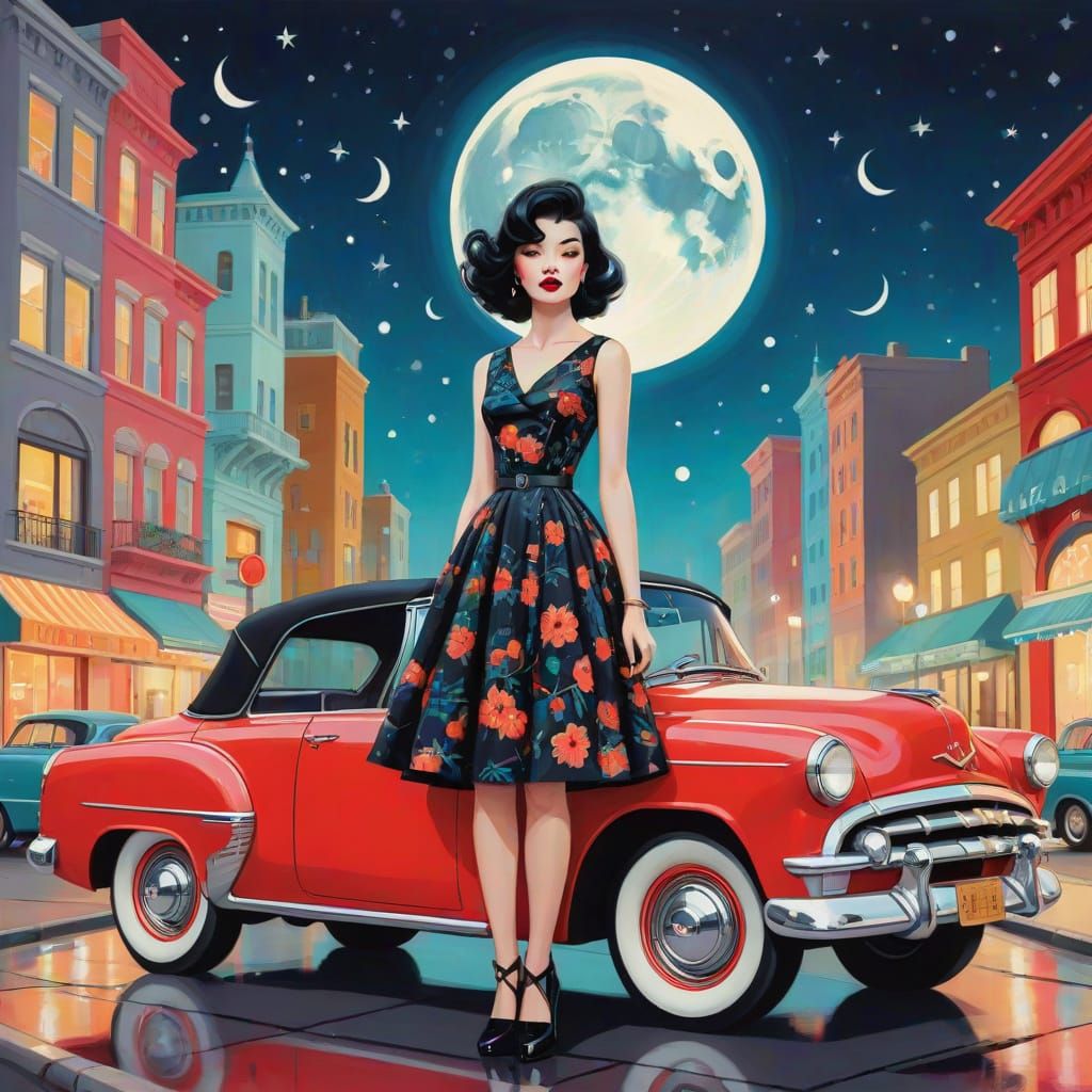 Rockabilly Queen in Retro Cityscape
