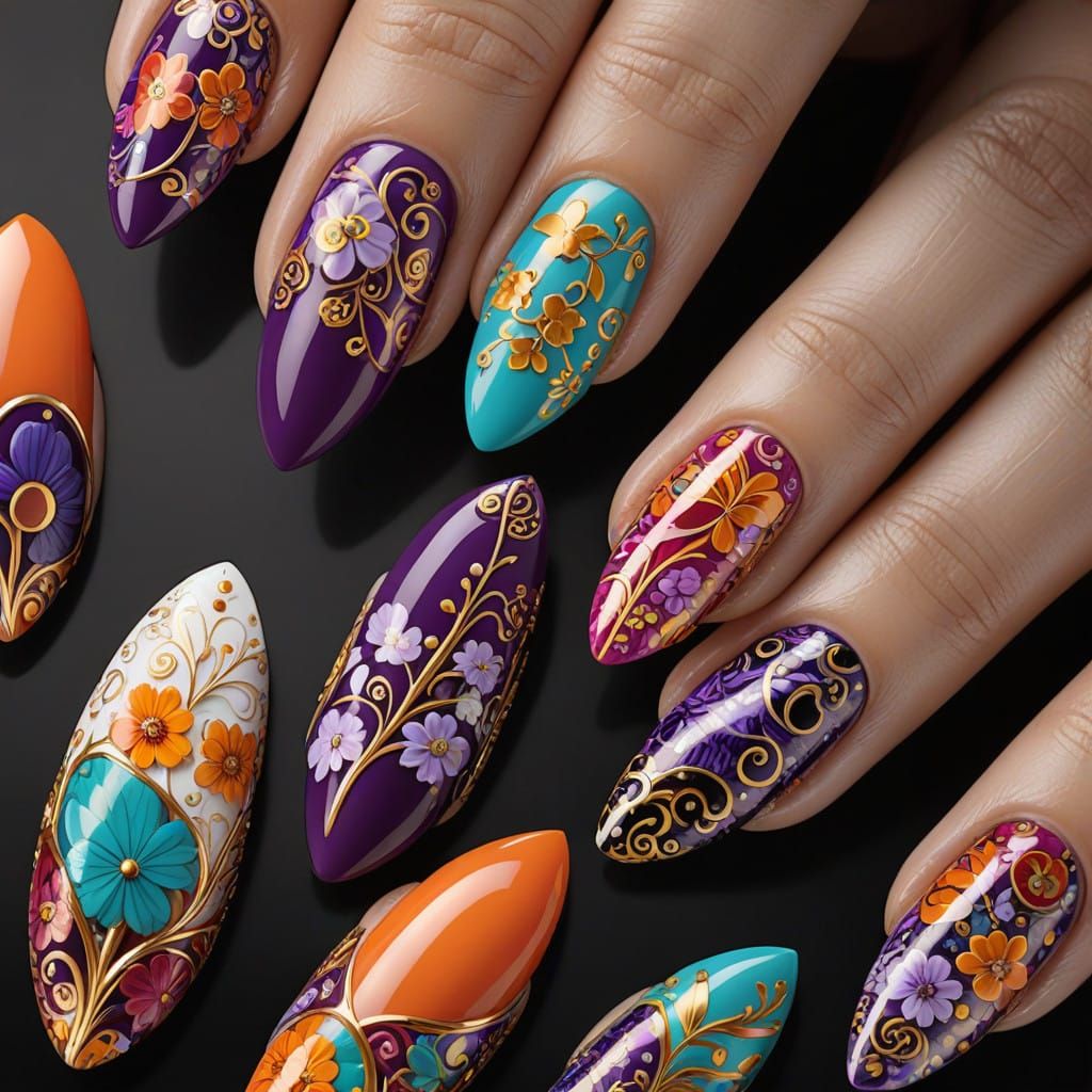 Lavish Nail Art in Vibrant, Swirling Patterns