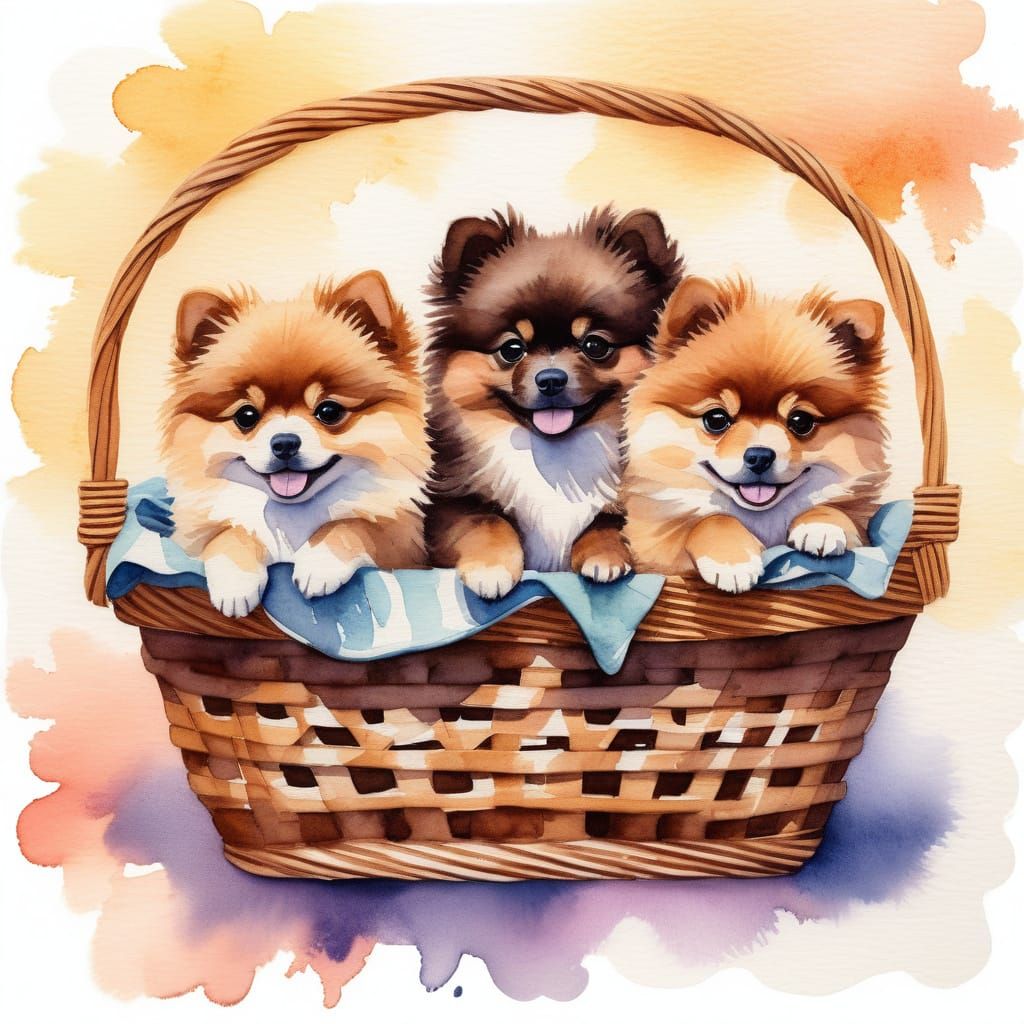 Whimsical Watercolor Pomeranian Puppies in a Basket