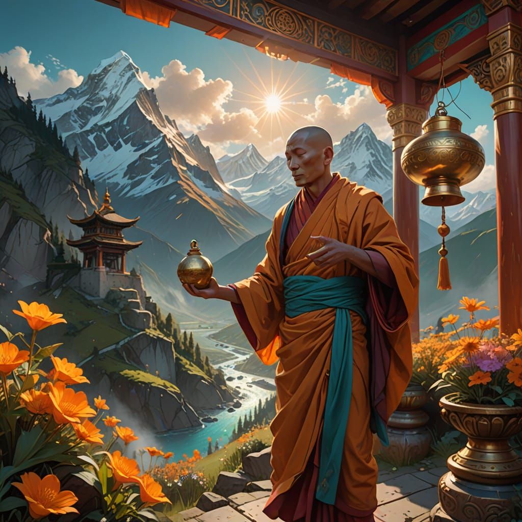Serene Tibetan Monk in Majestic Mountain Landscape