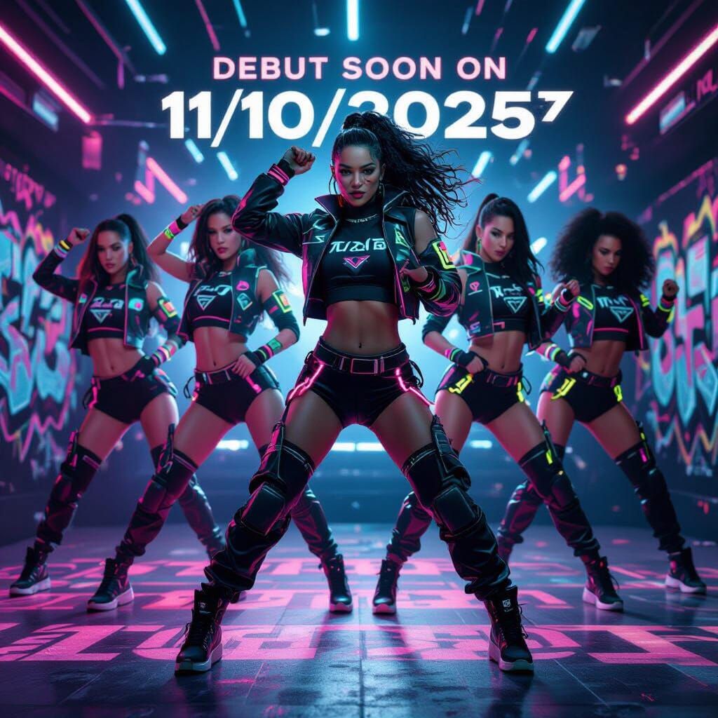 Fierce Girls in Futuristic Dance Pose: Electro-Punk Art