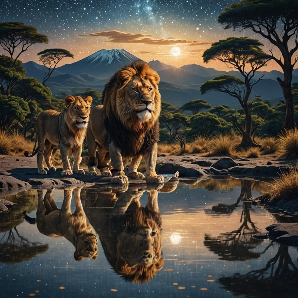 Pointillist Lions Reflect Under Kilimanjaro Moon