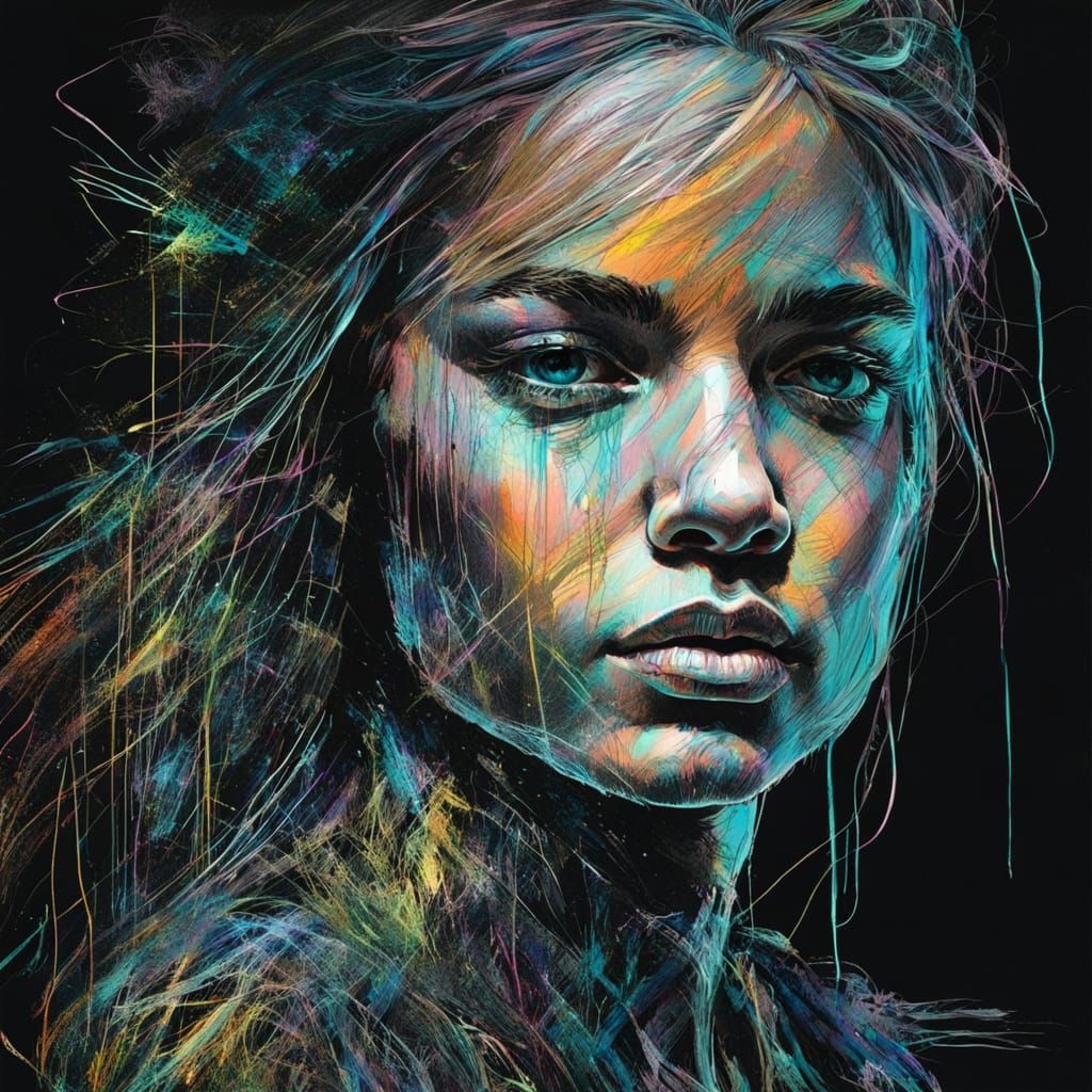 Princess Portrait in Scratch Art Style with Flowing Gown