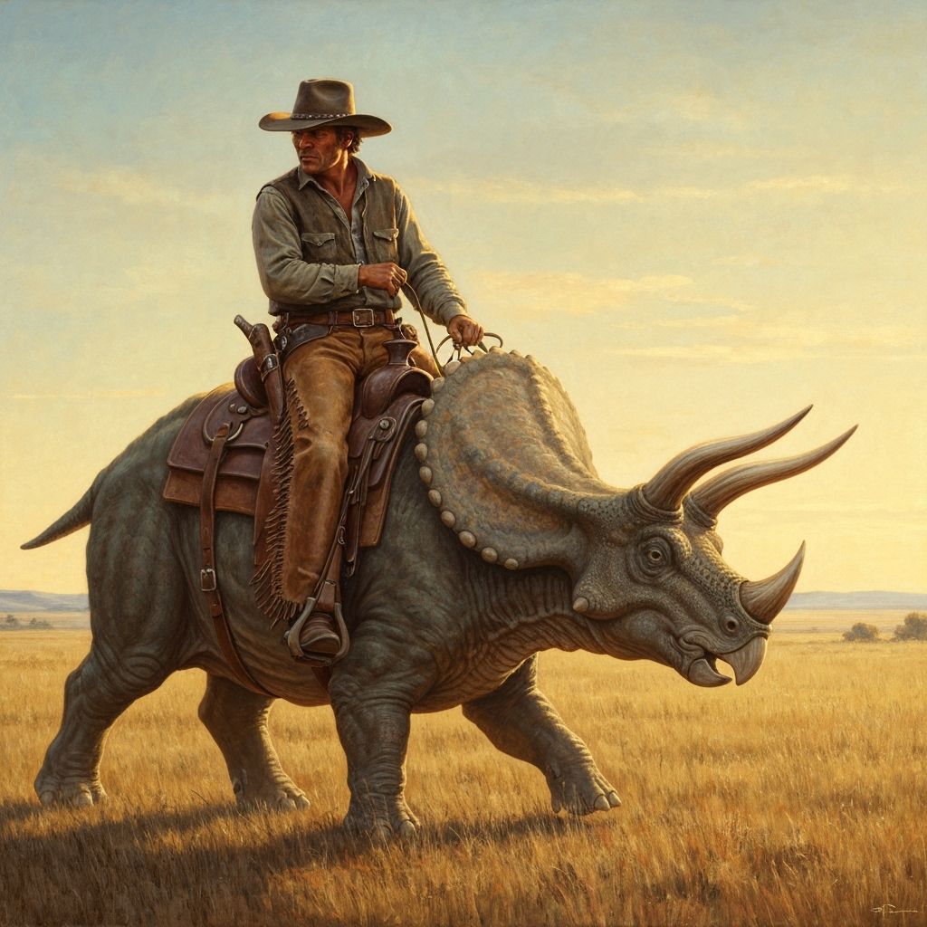 Cowboy Rides Triceratops Across Prairie in Wyeth Style