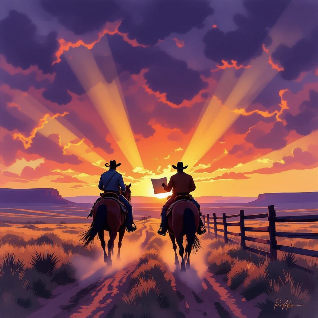 Cowboys Ride at Sunset in a Dusty Watercolor Prairie