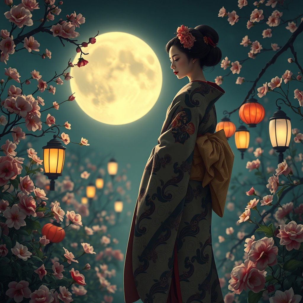 Melancholy Geisha in Moonlit Cherry Garden