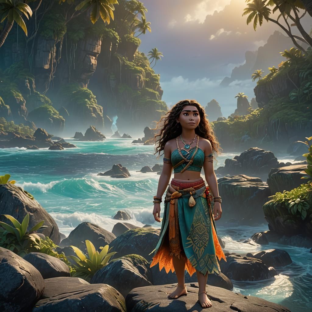 Moana on Rocky Coastline in Cinematic Still