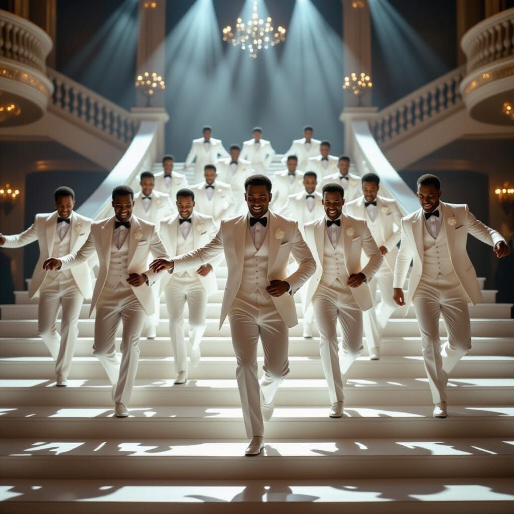 Stylish Men in White Suits Dancing on Grand Staircase