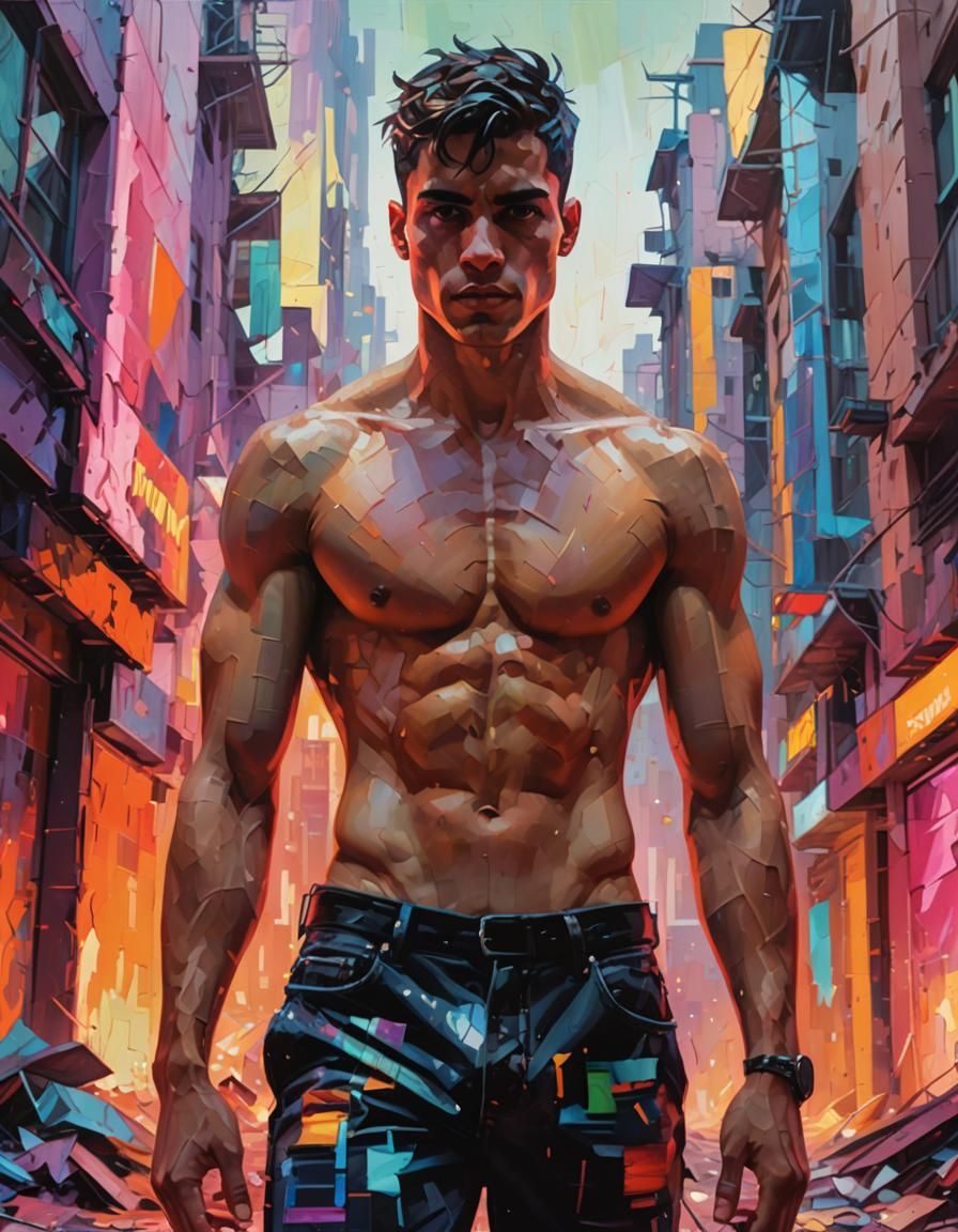 Latin Man in Neofuturistic Glitchscape, Expressionist Oil Pa...