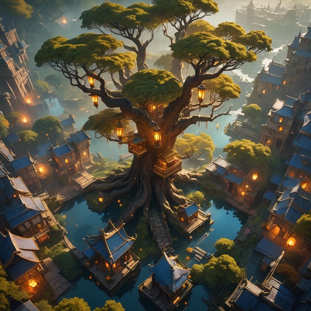 Ancient Tree City Concept Art in Golden Light