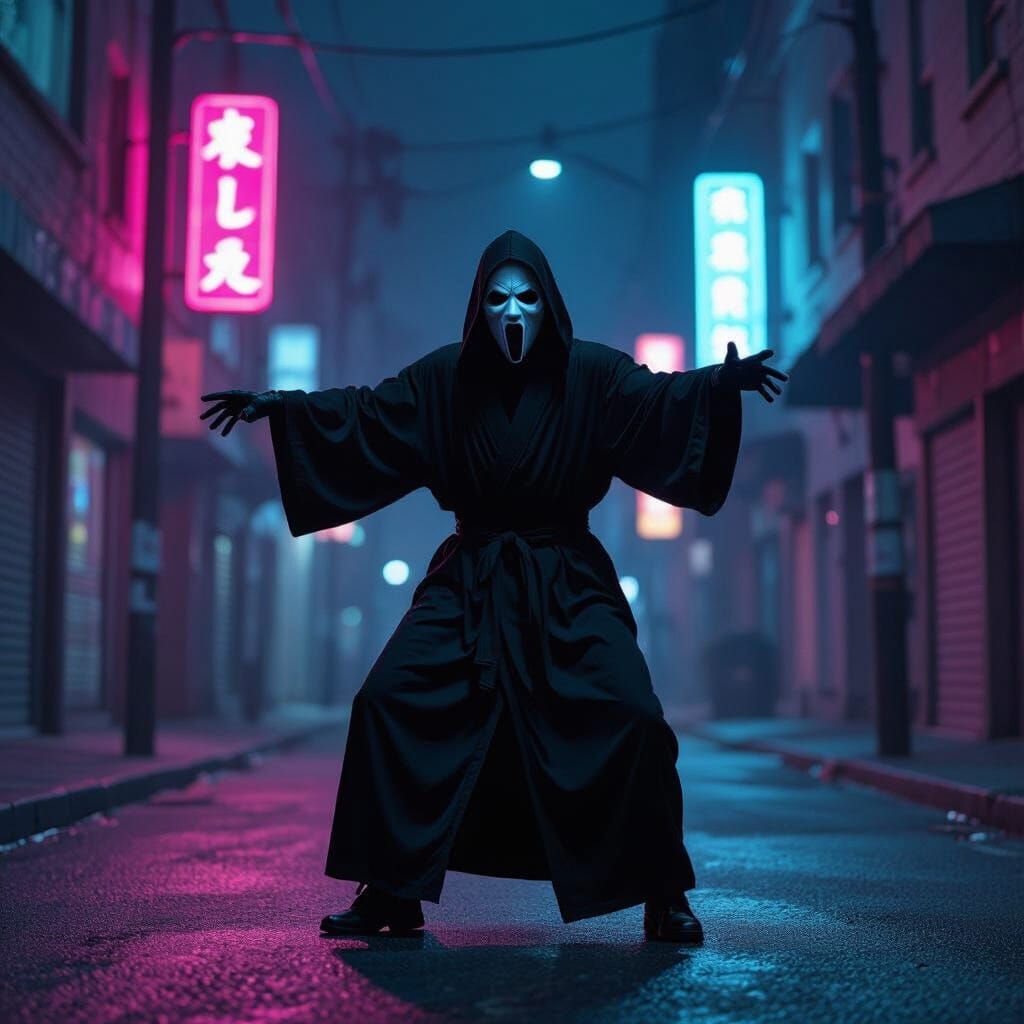 Ghostface Dancing in Neon Lit Street