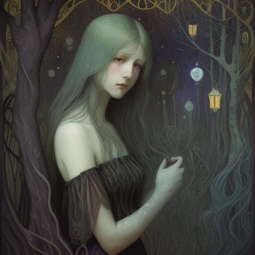 A woman with translucent, alabaster skin and raven tresses, ...