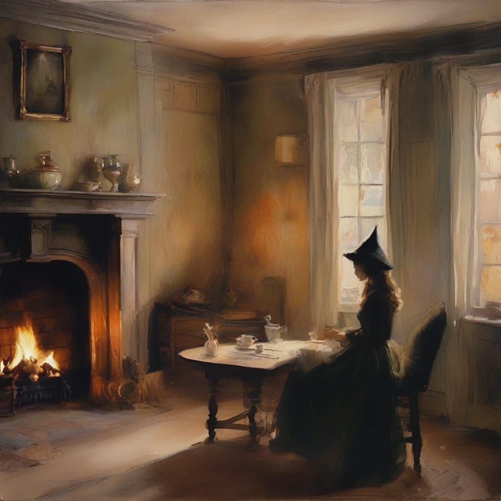 Elegant Witch in a Cozy Winter Setting
