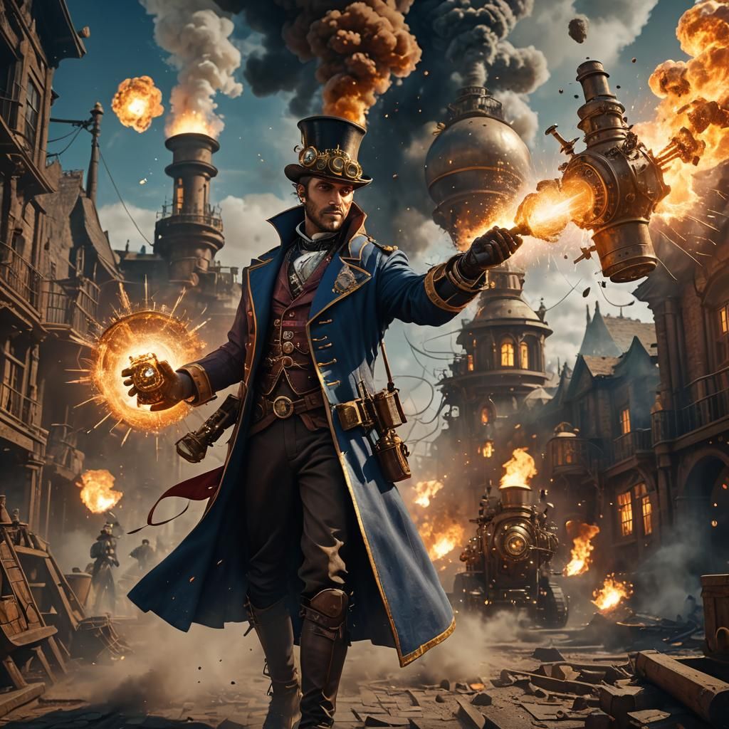 Steampunk Alchemist Amidst Explosive Fantasy Art