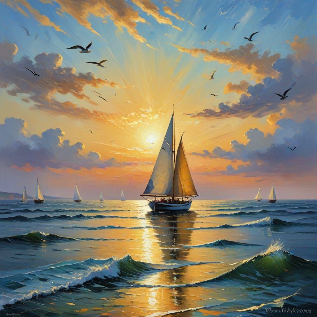 Impressionist Sailboat Scene in Warm Golden Light