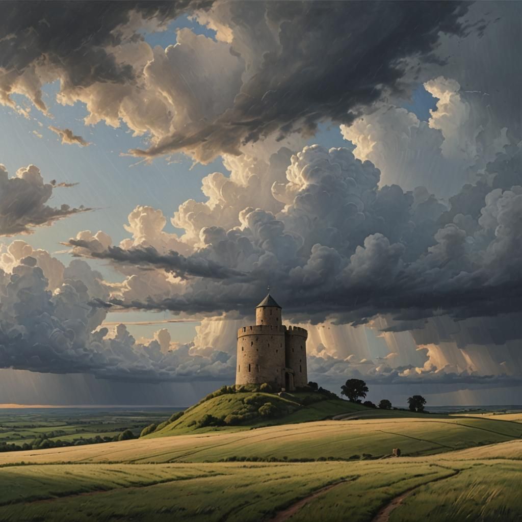 Plain Round Tower on Hill in Evening Light