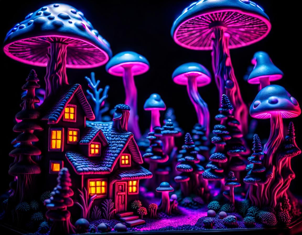 Black Light Mushroom Village in Inkpunk Style