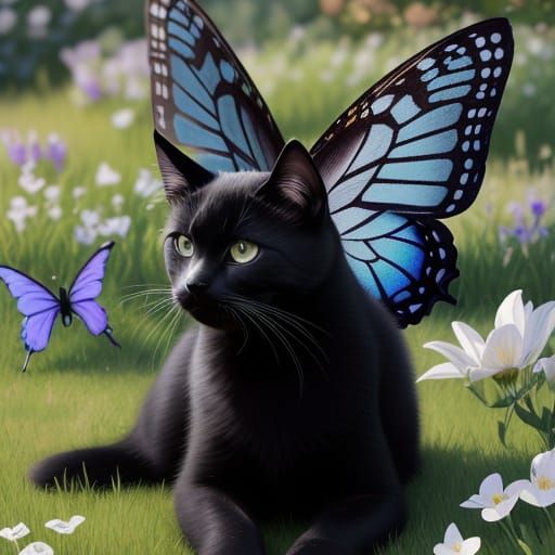 Kitten with Silver Butterflies: Hyperdetailed Charcoal Drawi...