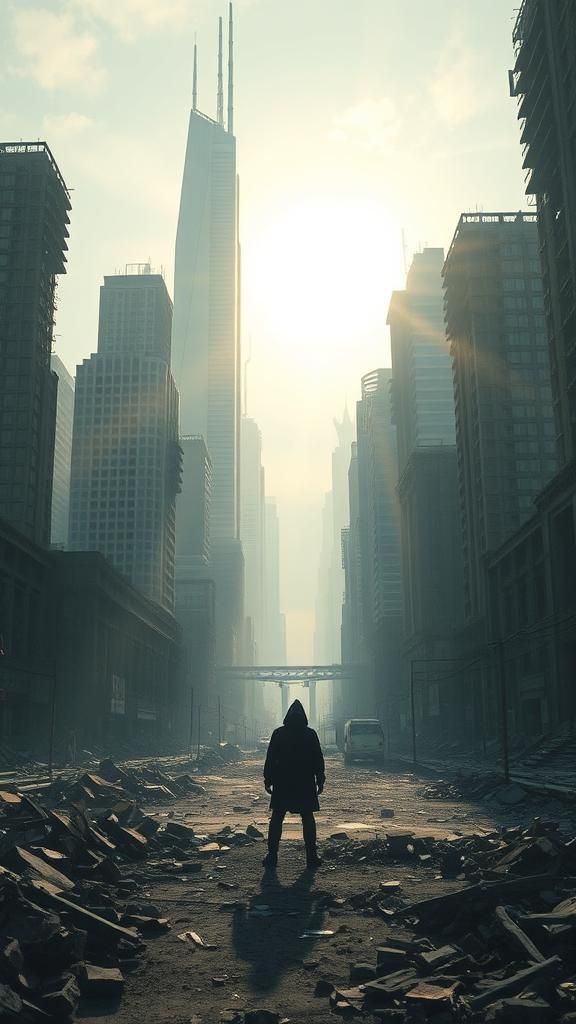 Dystopian Figure in Ruined Post-Apocalyptic Cityscape