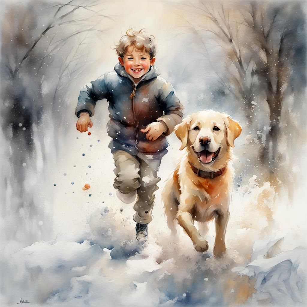 Boy and Dog in Winter Snow, Watercolor Style