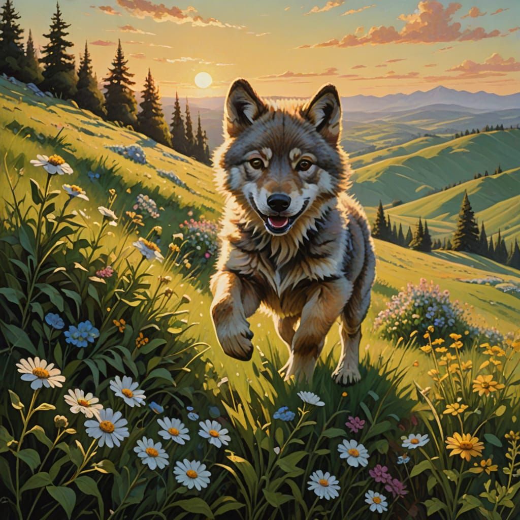 Baby Wolf Joyfully Runs Through Wildflowers in Golden Hour O...
