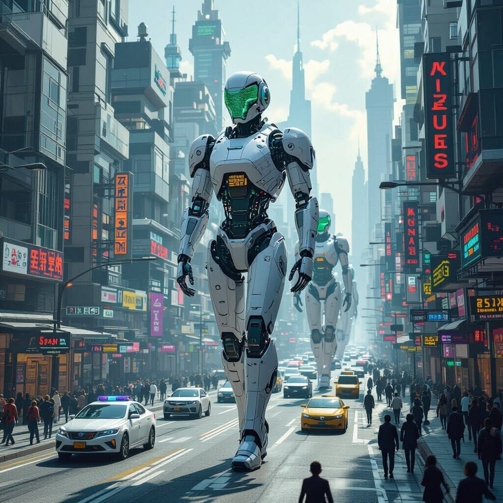 Futuristic Cityscape with Robot Police