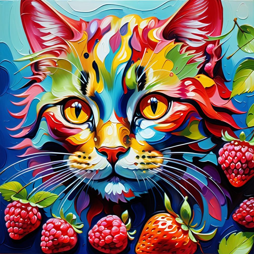 Whimsical Oil Painting of a Smiling Cat Face Strawberry