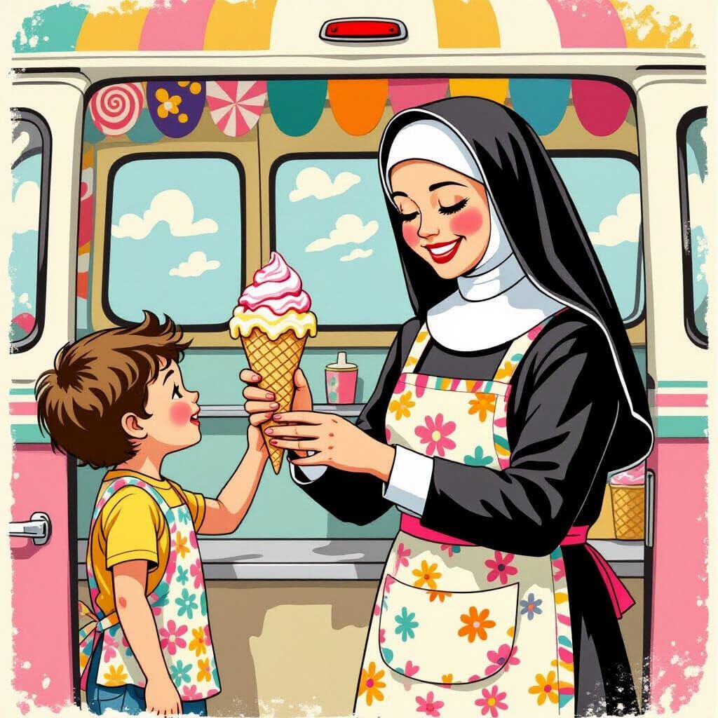 Nun Makes Ice Cream for Child, Whimsical Art