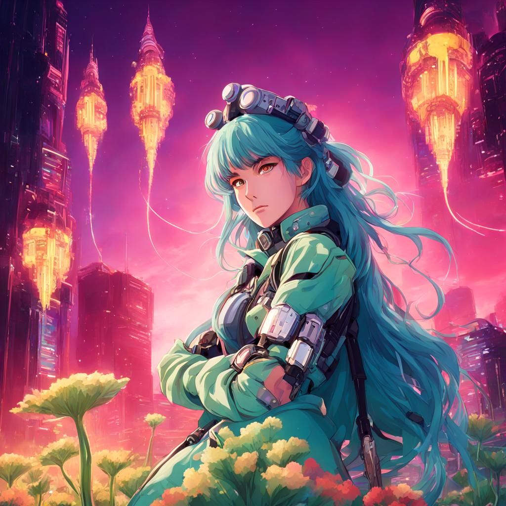 Cyborg in Futuristic City, Classic Anime Poster