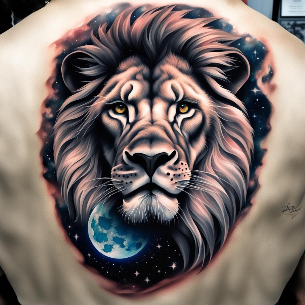 Big realistic lion tattoo on back mountains, moon,ultra photo realistic, galaxies