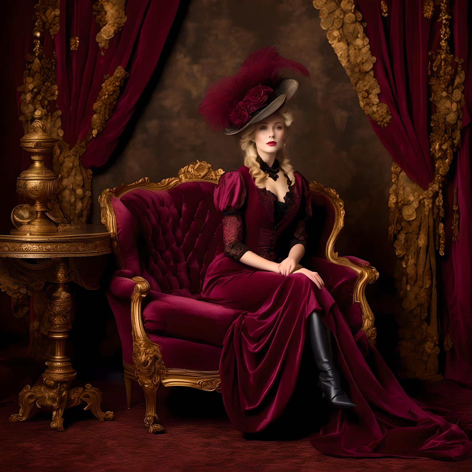 Edwardian Woman in Burgundy Armchair, Gilded Age