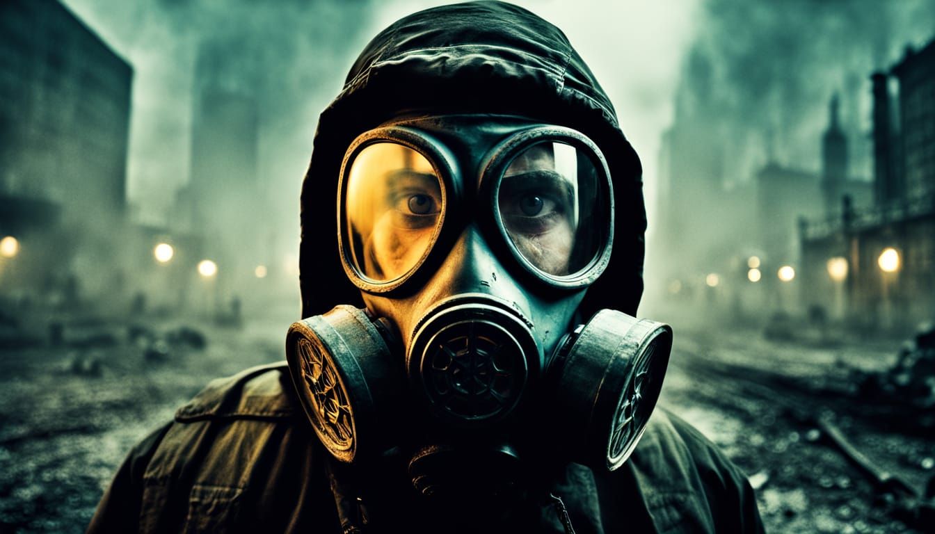 Ominous Dystopian Figure in Gas Mask, Dominating a Barren Wa...