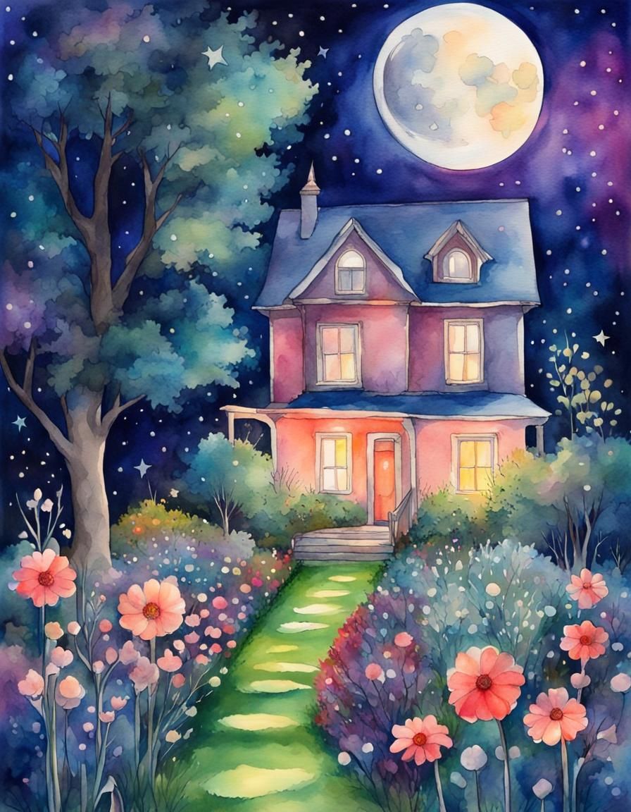 Vivid Watercolor Night Garden with Moon