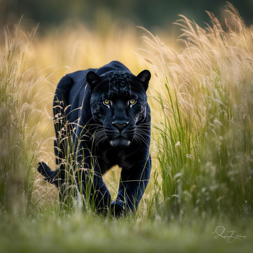 Black Jaguar Stalking Prey in Tall Grass