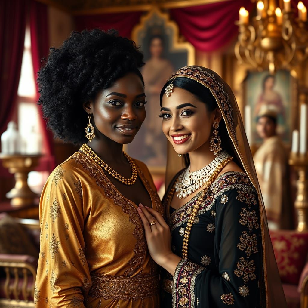 Smiling Women in Ornate Palace, Photorealistic Style