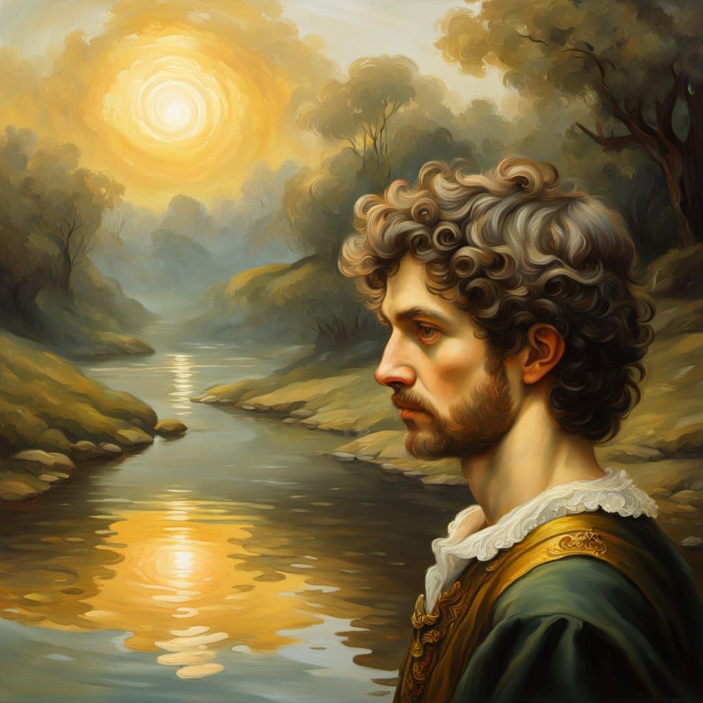 Narcissus Gazing at Reflection as Baroque Oil Painting