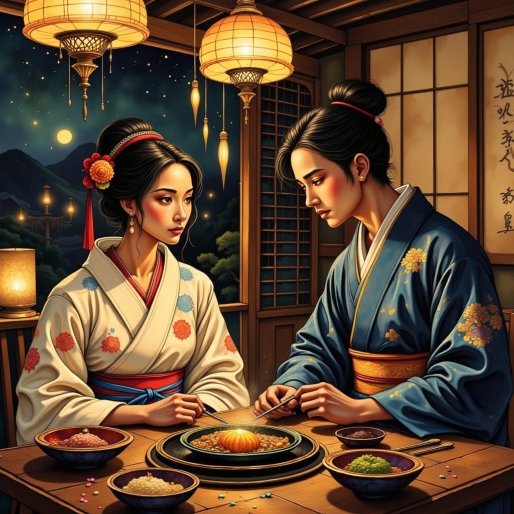 Japanese Couple's Romantic Candlelit Dinner in Hokusai Style