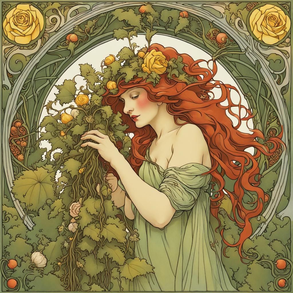 Green Fairy with Magical Bouquet in Art Nouveau Style