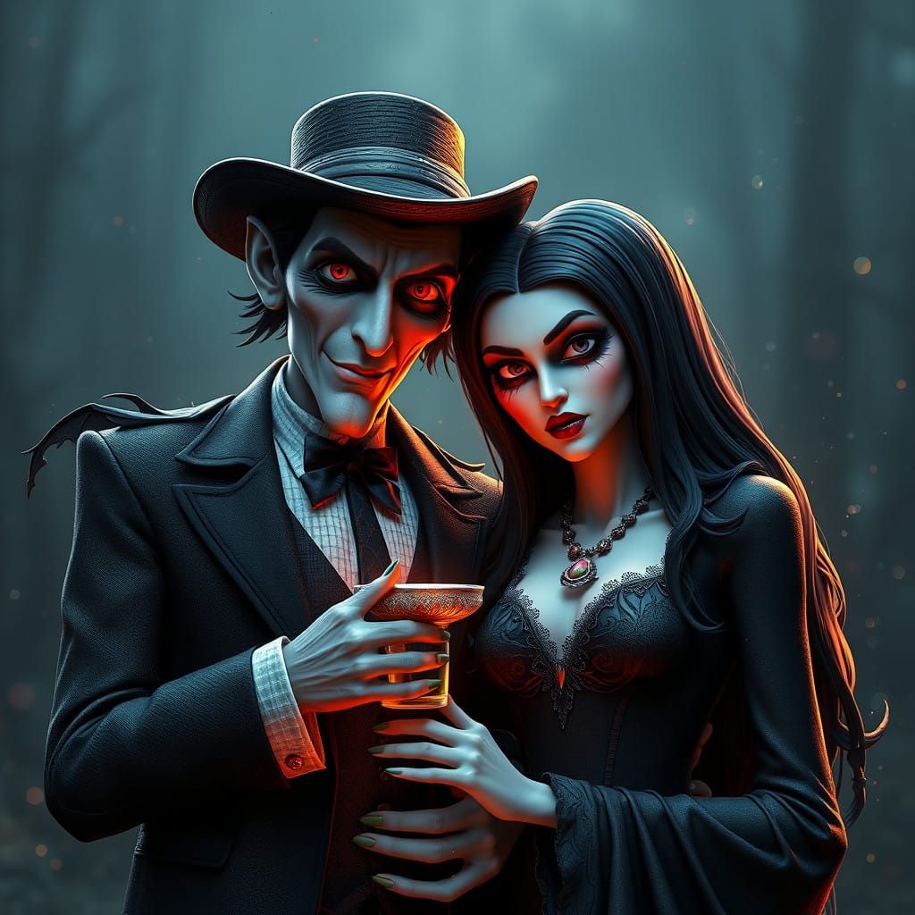 Ethereal Addams Couple in Vibrant Fantastical Realm
