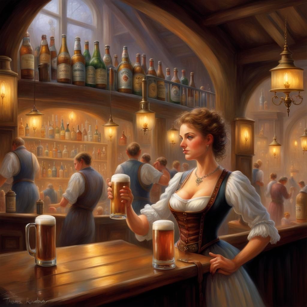 Barmaid Serving Beer in Ethereal Tavern, Hyperdetailed
